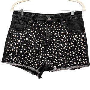 Akira Black Denim Embellished Frayed Hem Shorts, L